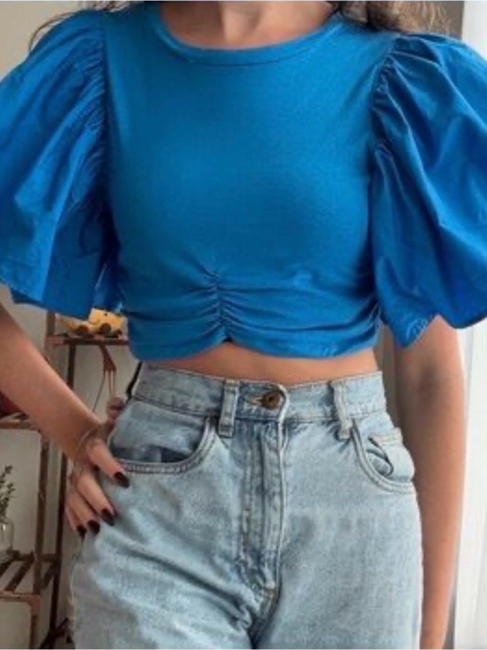 Zara Blue Flutter-Sleeve Cropped Top